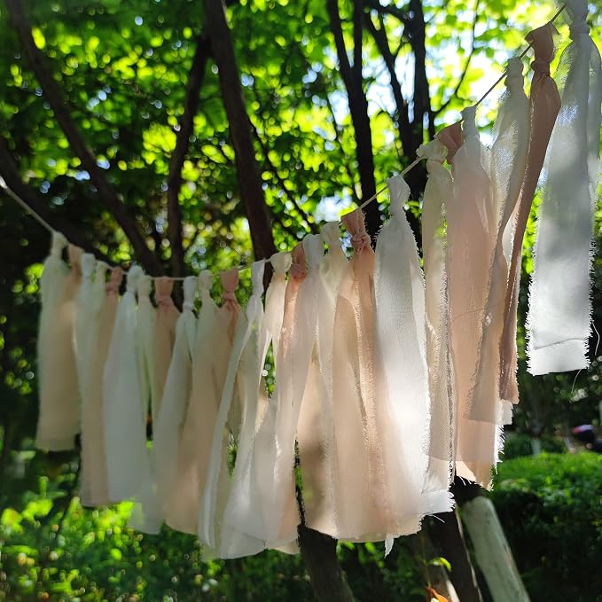 White + Beige Handcrafted Chiffon Tassel Garland - Image 3