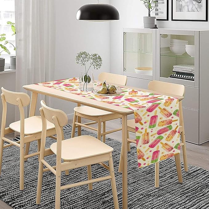 Ice Cream Popsicles Table Runner, Watercolor Summer Seasonal Fruit Peach Kiwi Berry Popsicles Orange Pink Sweet Dessert Dinner Runner for Party Holiday Home Kitchen Dining Table Decor 13"x90"