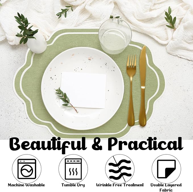 6 Pcs Sage Green Wedding Placemats Scalloped Embroidered Cotton Linen Placemats - Image 5
