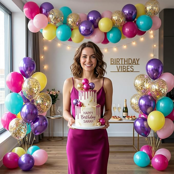 Pink Purple Blue Balloon Set, 12inch Hot Pink Yellow Purple Teal Gold Metallic - Image 4