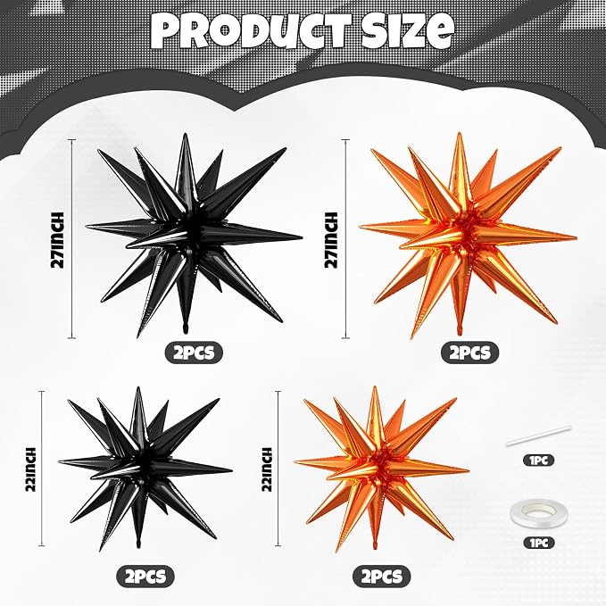 Orange Black Star Balloons, 22/27 Inch Black and Orange Star Shaped Balloons - Image 2
