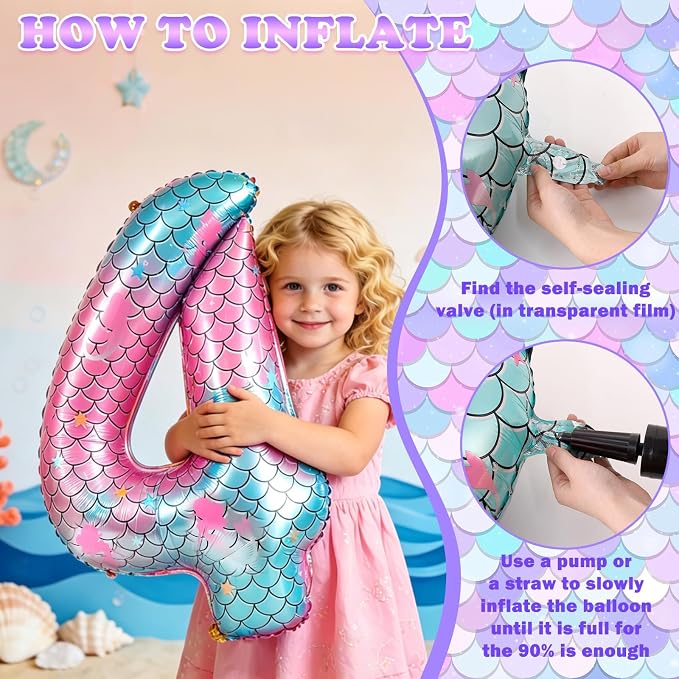 40 Inch Mermaid Number 4 Balloon, Sea Themed Birthday Decorations - Image 4