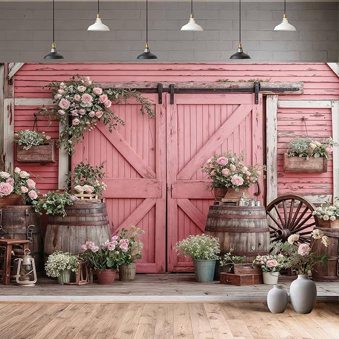 12x10ft Country Wedding Pink Photography Backdrop Rustic Wooden Door Photography Backdrop Farmhouse Flower Western Girl Birthday Baby Shower Wedding Bridal Party Banner Photo Booth Props Background