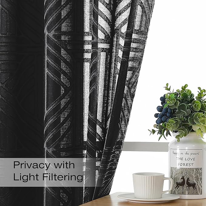 Simplebrand Semi Sheer Black Curtains 30 Inch Length 2 Panels, Geometric - Image 3
