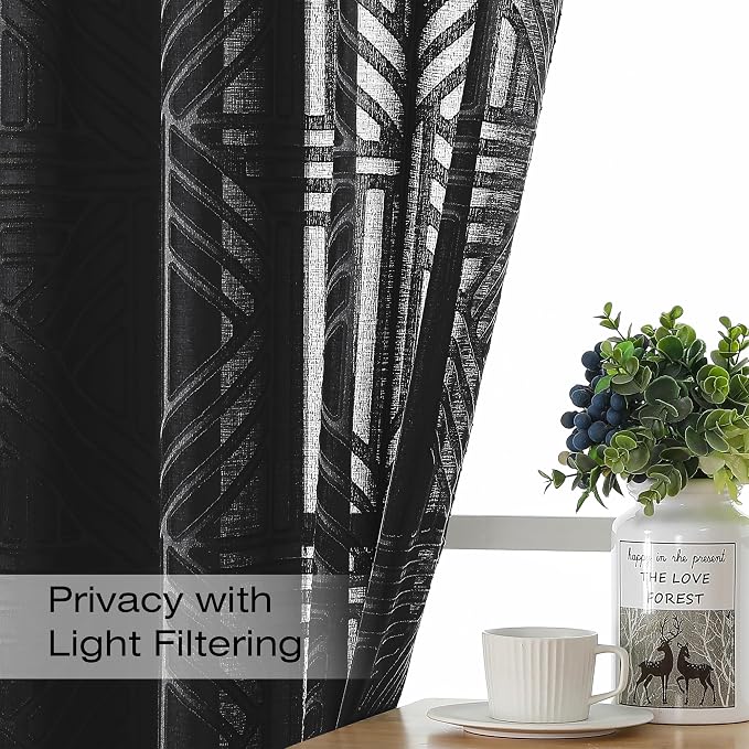 Simplebrand Semi Sheer Black Curtains 78 Inch Length 2 Panels, Geometric - Image 3