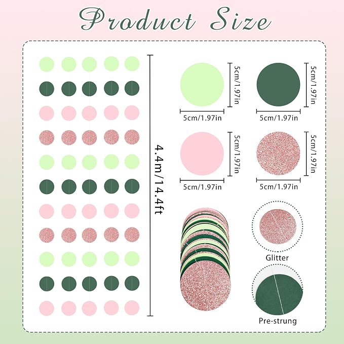 5PCS Sage Green Paper Garland, 72ft Sage Green Pink Polka Dots Circle Ceiling - Image 2