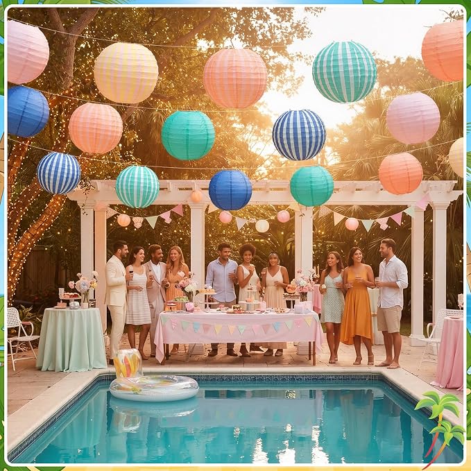 Gerrii 12 Pcs Summer Paper Lanterns Decor 8" Colorful Striped Paper Lanterns - Image 5