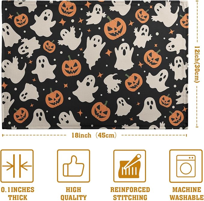Halloween Placemats Set of 4 12x18 Inch Cute Ghost Pumpkin Table Mats Orange - Image 4