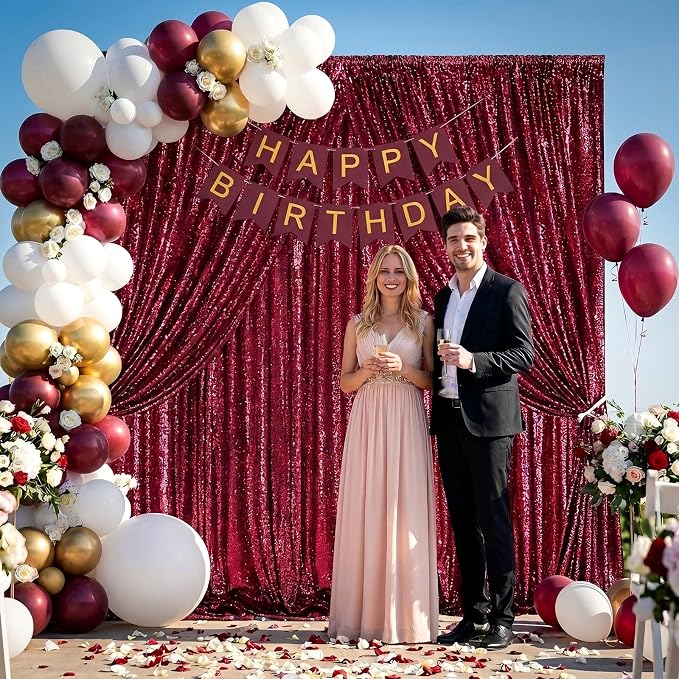 Glitter Sequin Backdrop 2 Panels 3x8FT Burgundy Red Wedding Photo Curtains | - Image 7