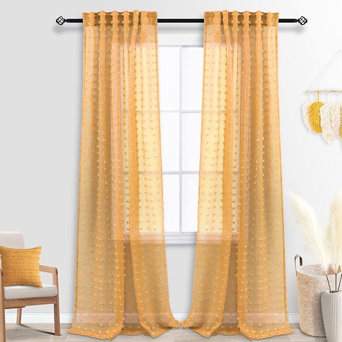 Boho Back Tab Sheer Mustard Yellow Curtains 96 Inches Long - Image 2