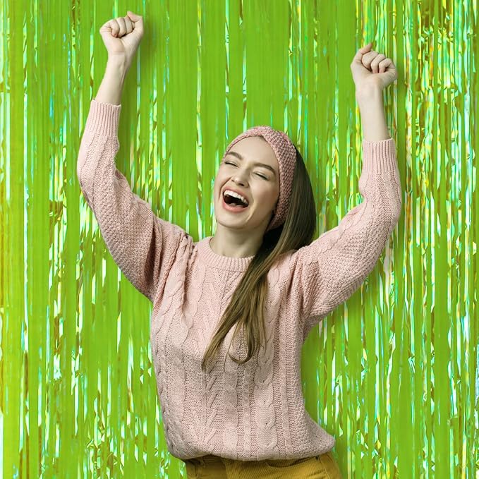 Voircoloria Green Iridescent Fringe Backdrop Curtains, 2 Pack | Tinsel Streamers - Image 7