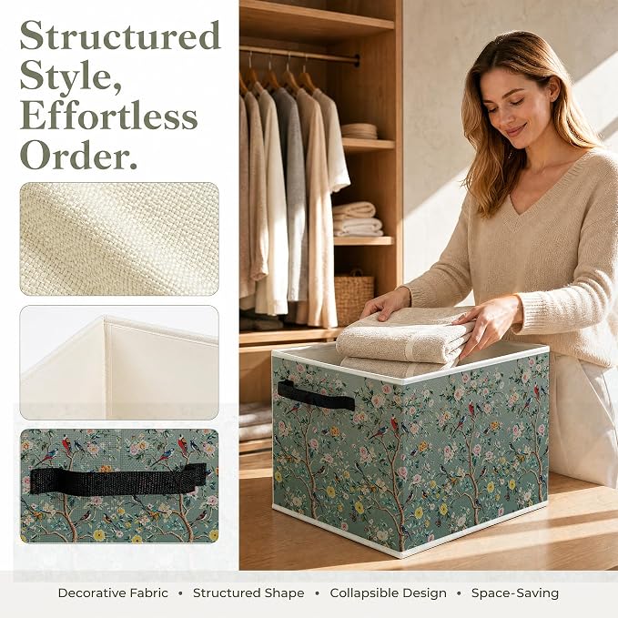 Chinoiserie Bird Floral Foldable Storage Bins Box - Image 2