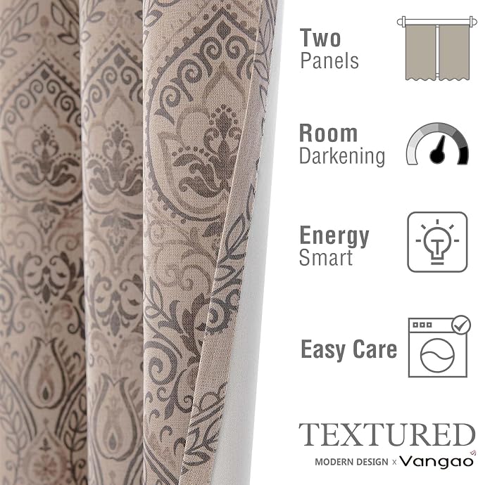 Grey Paisley Linen Textured Curtains 63 in Vintage Grommet 2 Panels | Room - Image 7