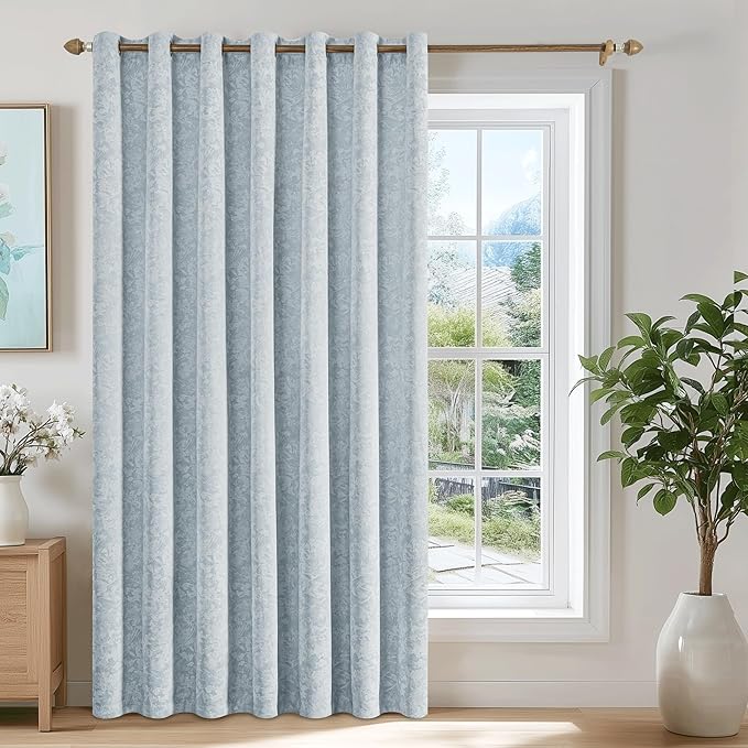 Beauoop Blue Floral Jacquard Blackout Sliding Door Curtains 100x84 1 Set | by Beauoop