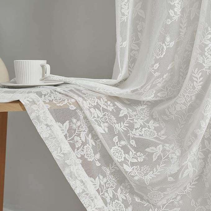 FINECITY Ivory Lace Curtains for Bedroom Rustic Floral 52 x 63 Inch 1 Panel | - Image 5