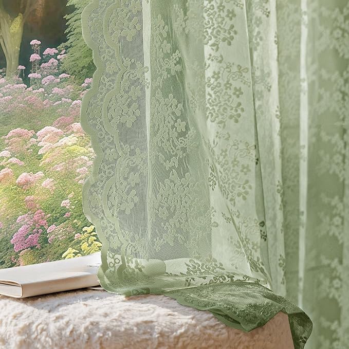 Anmao Vintage Sage Green Lace Curtains 120 Inches Long 2 Panels, Romantic Light by Anmao
