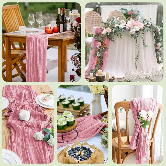 Asee'm 6pcs Cheesecloth Table Runner 120 Inches Long Pink Boho Gauze Cheese Cloth Runner 10FT Rustic Sheer Table Runners for Christmas Wedding Party Baby Shower Spring Easter Decoration