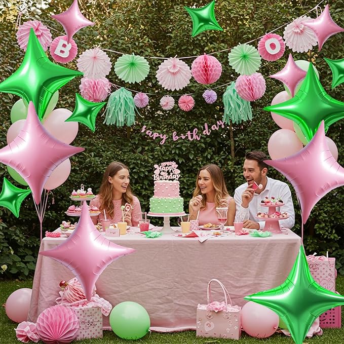 TONIFUL 30Pcs Four Pointed Star Balloon Light Pink Green Foil Balloon | 26In & - Image 5