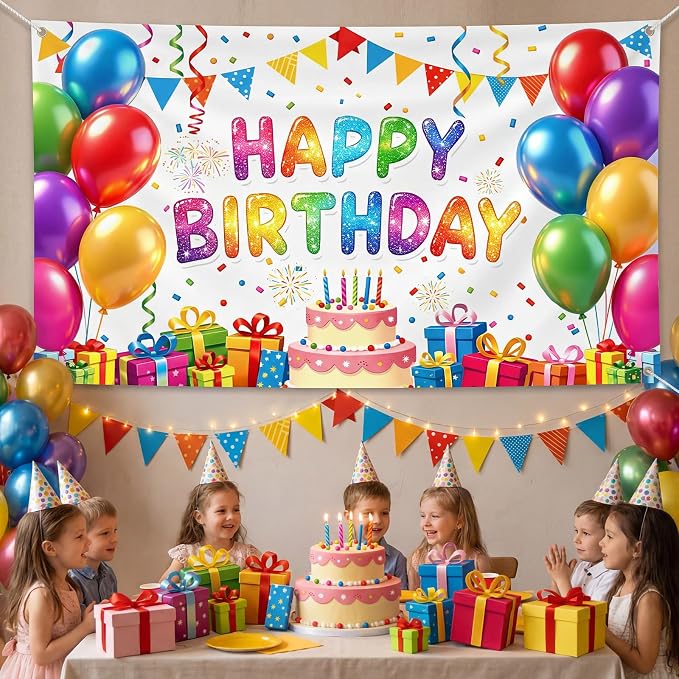 Blulu Happy Birthday Backdrop Banner Sign Poster Large Fabric Glitter Balloon - Image 5