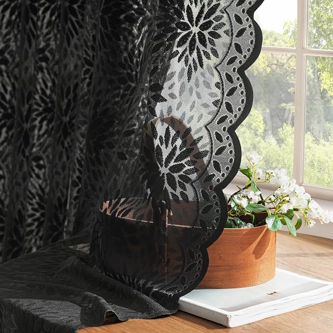 MIULEE Black Floral Lace Curtains 2 Panels, Gothic Vintage Rod Pocket Window - Image 4