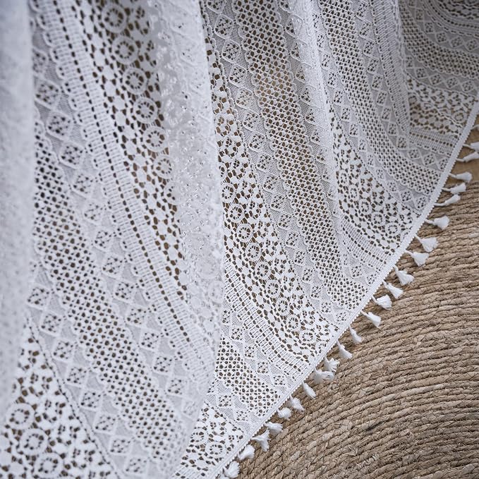 Sutuo Home White Crochet Boho Curtains 63 Inches Length, Sheer Lace Handmade - Image 5