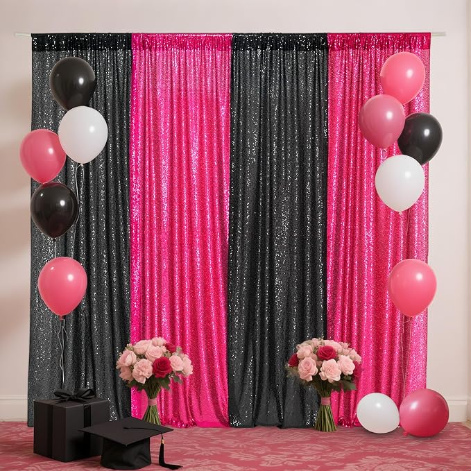 Eternal Beauty Black & Hot Pink Sequin Backdrop Curtains, 4 Panels 2x8FT | 3mm - Image 5