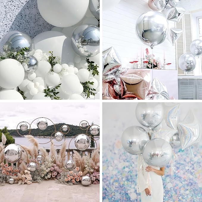 PartyWoo Metallic Silver Large Round Giant Foil 4D Balloons 6pcs 32 Inch | 32 - Image 6