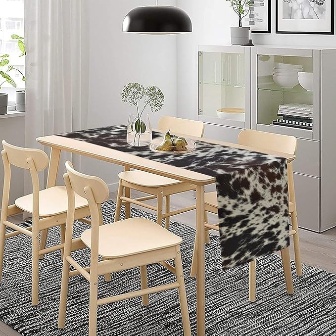Cow Print Table Runner, Country Farm Animal Fur Skin Pattern Western Style Black Brown Cowhide Print Dinner Runner for Home Kitchen Dining Home Setting, 13x90 Inch