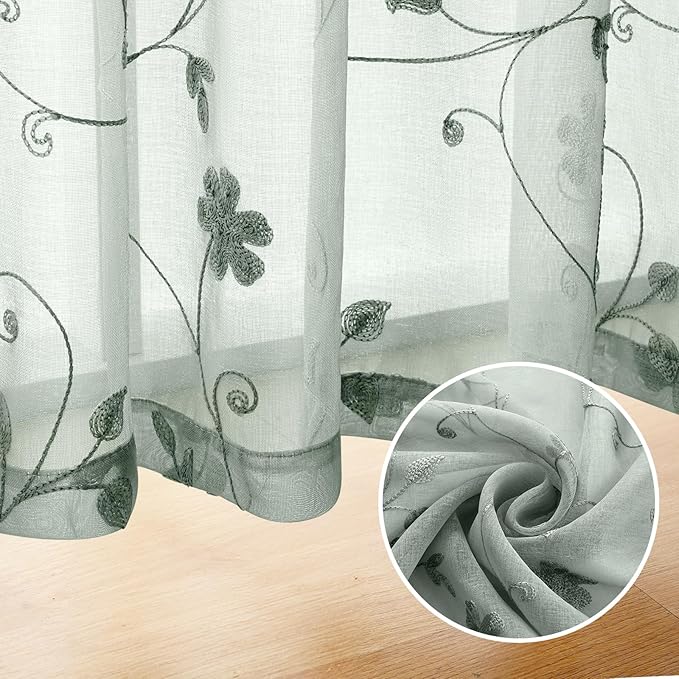 HOMEIDEAS Sage Green Sheer Curtains 96 Inches Long 2 Panels Embroidered Floral - Image 5