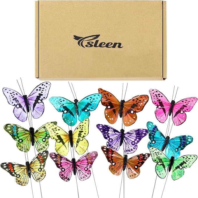 Ysleen 12 Set Monarch Butterfly Decoration Artificial Butterflies Feather Picks by Ysleen