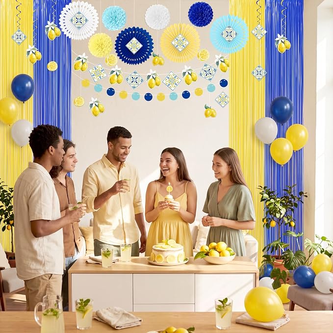 43Pcs Amalfi Coast Party Decorations Lemon Decor Set | Foil Curtains, Paper Fans - Image 4