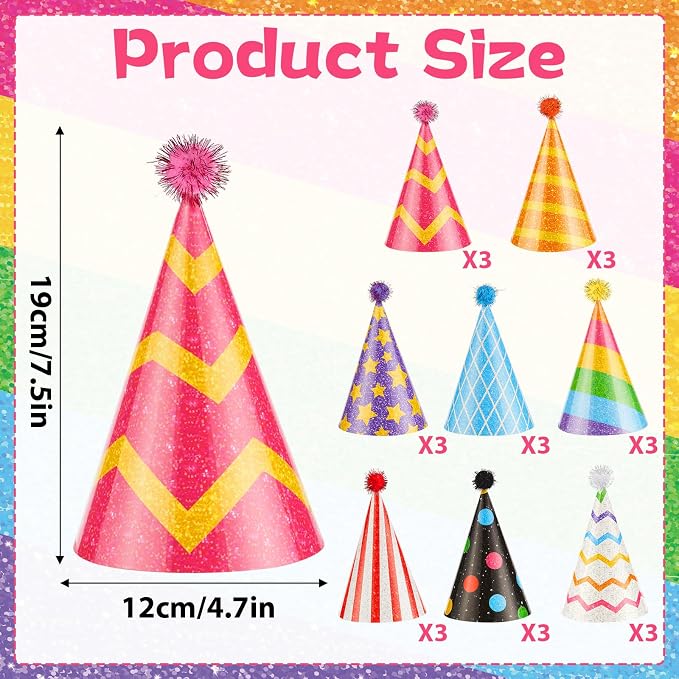 24PCS Colorful Birthday Party Cone Hats Glitter Paper Hat - Image 2