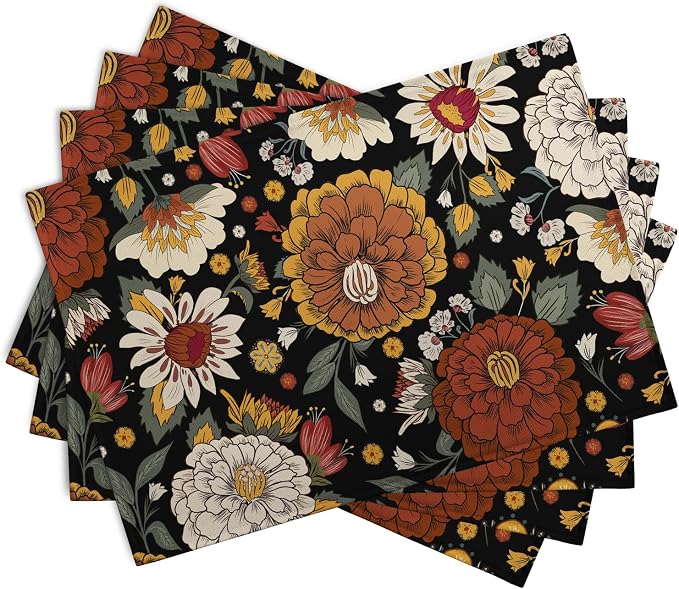Black Boho Floral Placemats Set of 4 Spring Summer Vintage Flowers Botanical - Image 2