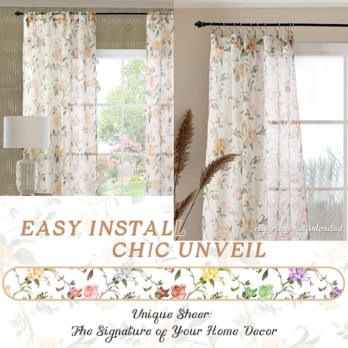 Sheer Curtains 45 Inch Length 2 Panels, Floral Patterned Linen Look Semi-Sheer - Image 7