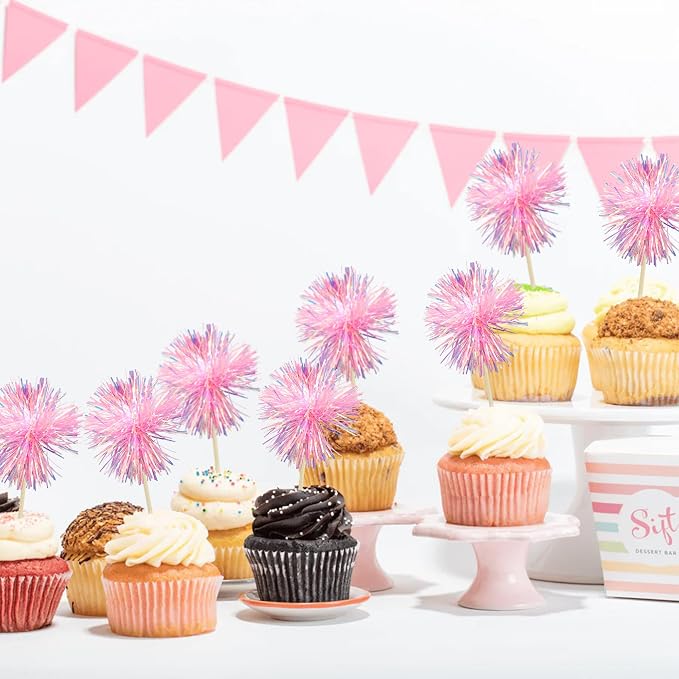Gyufise 30Pcs Foil Firework Cupcake Toppers Sparkle Tinsel Cake Toppers Tinsel - Image 4
