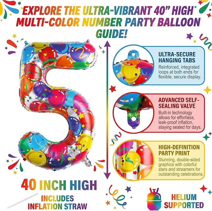 40 Inch Number 5 Balloon Colorful Party Pattern Helium Supported | Large Foil - Image 2