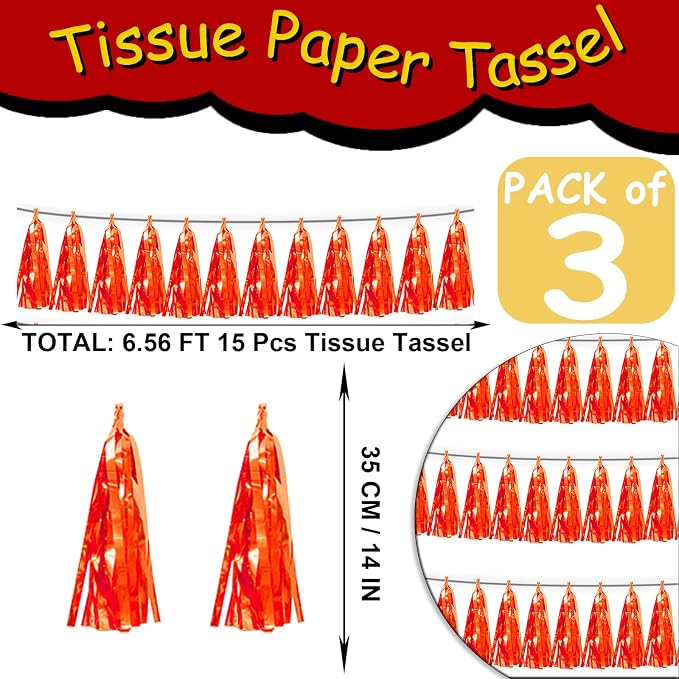 3P Orange Tassel Banner Garland Metallic Foil Fringe Banner Tinsel Tassels - Image 2