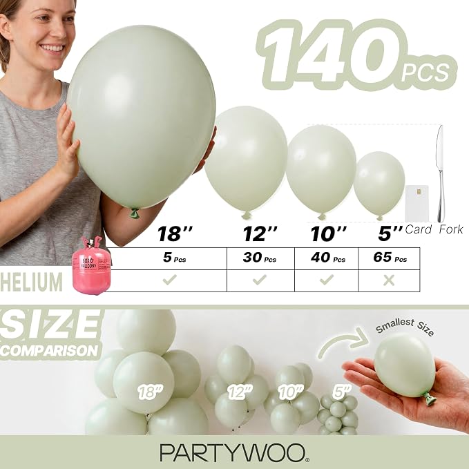PartyWoo Sage Green Balloons 140pcs Dusty Boho Green Color 18 12 10 5 Inch | 18 - Image 6
