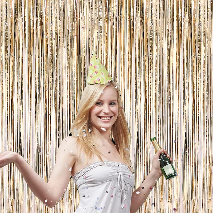2 Pcs 3.2ft x 8.2ft Champagne Gold Metallic Tinsel Foil Fringe Curtains Photo - Image 3