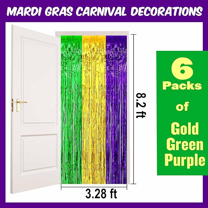 6 Pack Gold Green Purple Foil Fringe Curtains Backdrop, 3.28 x 8.2 Ft Metallic Streamers Tinsel Curtains Background for Photo Booth, Birthday, Weddings, Carnivals, Graduation, Themed Party Decorations