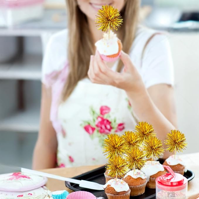 Gyufise 30Pcs Foil Firework Cupcake Toppers Sparkle Tinsel Cake Toppers Tinsel - Image 5