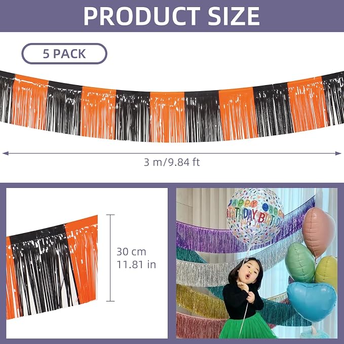 5 Pack 10 Feet Black Orange Foil Fringe Garland Tinsel Parade Float Fringe - Image 3