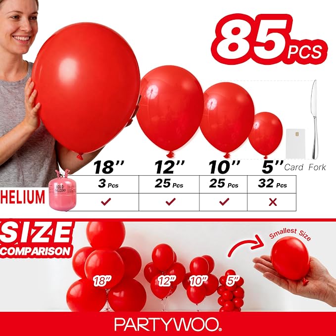 PartyWoo Red Balloons 85pcs Different Sizes of 18 12 10 5 Inch | Balloons - Image 6
