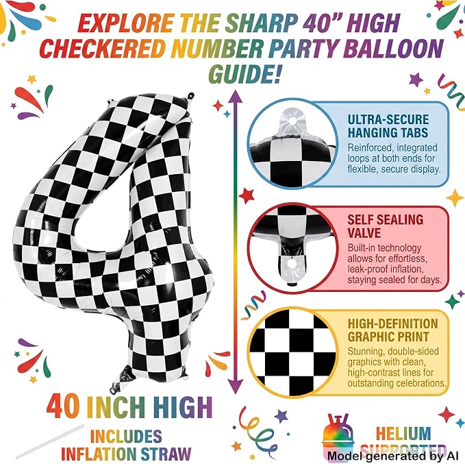 40" Checkered Number 4 Balloon for 4th Race Theme Birthday Party Supplies | 40 - Image 2