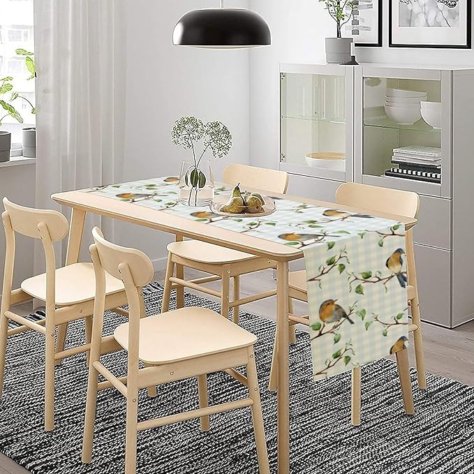 Bird Table Runner,Spring Birds Tree Blue Plaid Print Table Runner for Kitchen Dining Table Decoration Home Party Decor 13x36 Inch