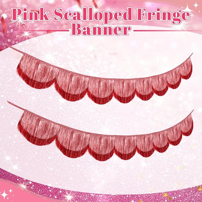 2pcs 6.6ft Flash Pink Fringe Garland Scalloped Tassel Banner 8 Waves Sparkle - Image 2