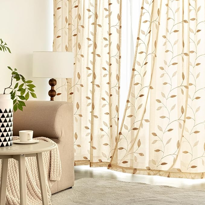 MIULEE Khaki Sheer Curtains 2 Panels Embroidered Leaf Patterned, W52 x L84 | - Image 3
