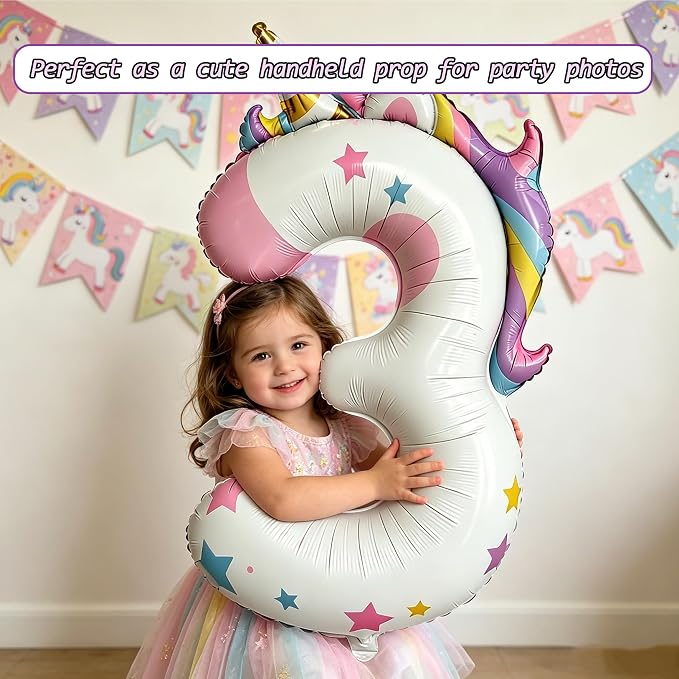 Unicorn Theme Number 3 Balloon, 40 Inch Foil Number Balloon - Image 5