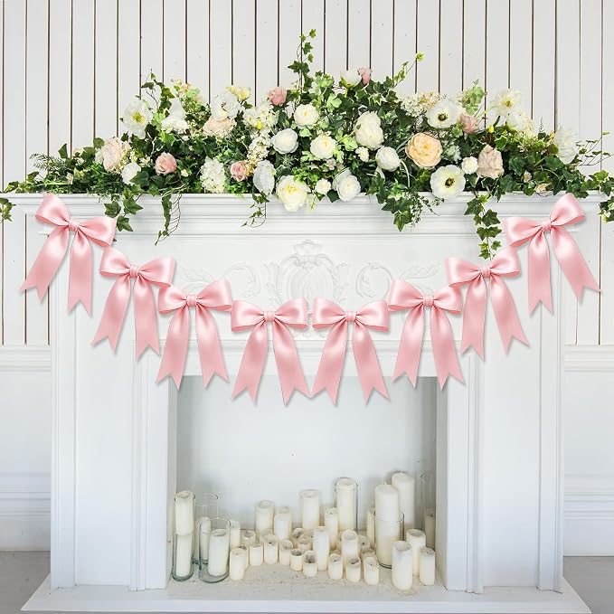 1 String of 8PCS Pink Bow Garland Banner Decoration, Pre-Strung Satin Ribbon by Unknown