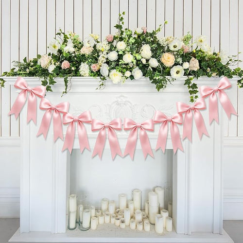 1 String of 8PCS Pink Bow Garland Banner Decoration, Pre-Strung Satin Ribbon by Unknown